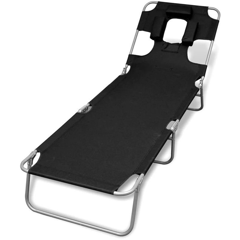 vidaXL Chaise longue pliable et coussin de tête Dossier réglable Noir vidaXL Chaise longue pliable et coussin de tête Dossier réglable Noir