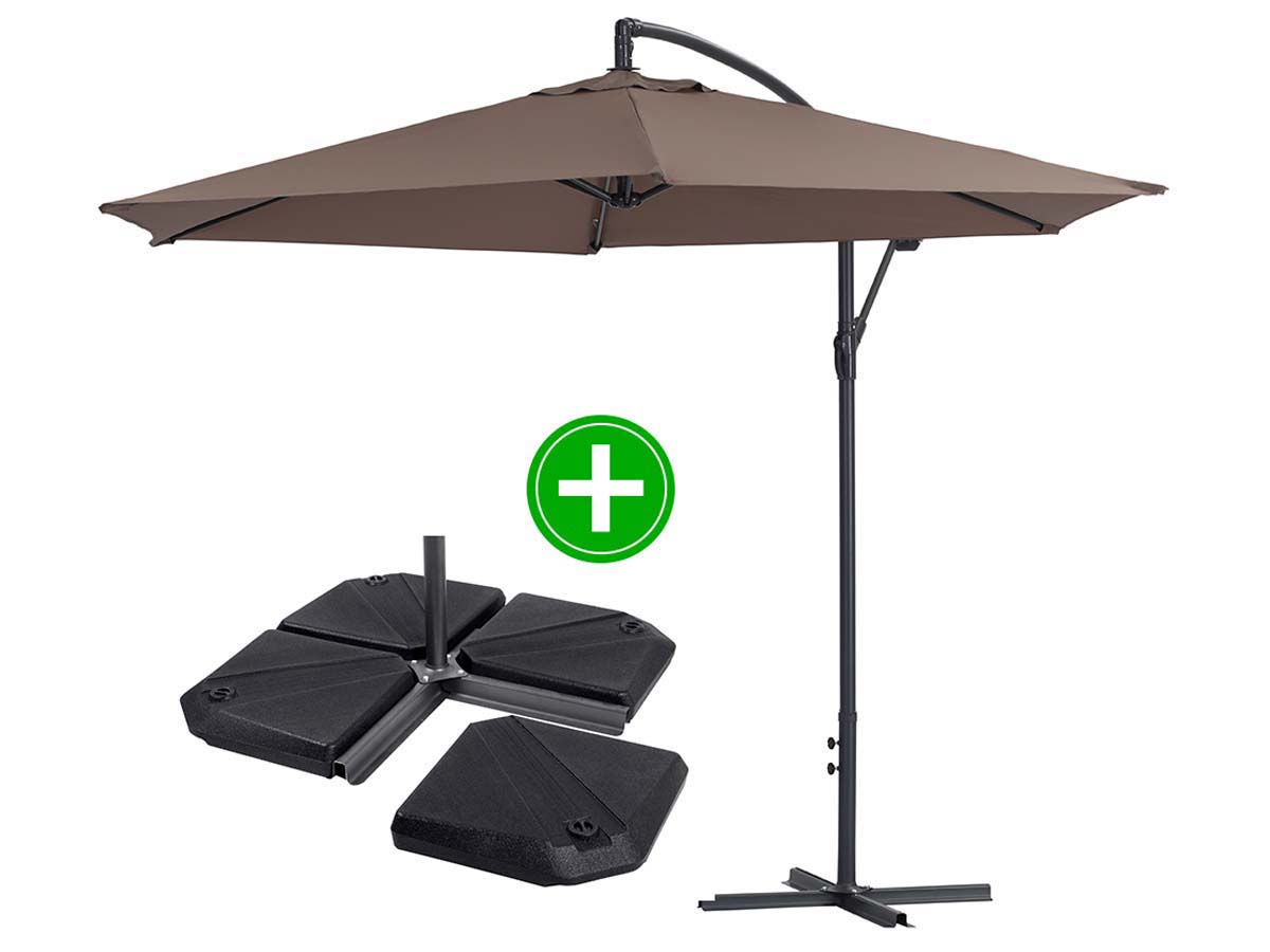 Parasol jardin déporté Alu Ilios - Rond - Ø 3 m - Taupe - Dalles incluses