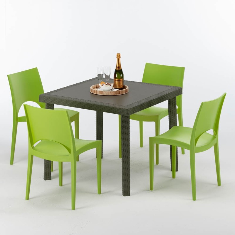 Table carrée et 4 chaises colorées Poly rotin resine 90x90 marron | Paris Vert - GRAND SOLEIL