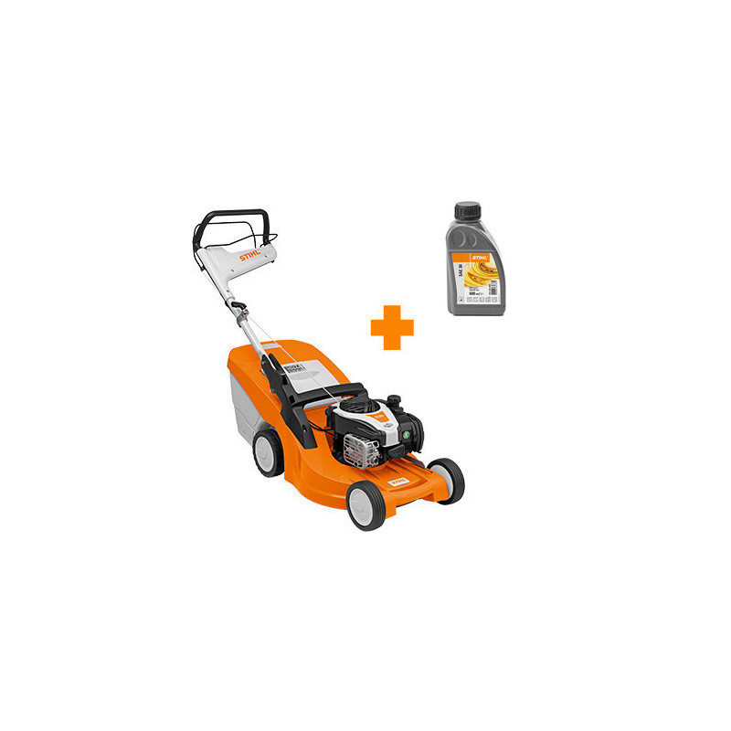 STIHL Tondeuse à gazon thermique tractée STIHL RM 448 TC avec bidon d'huile moteur 4 temps STIHL SAE 30 - 0,6L