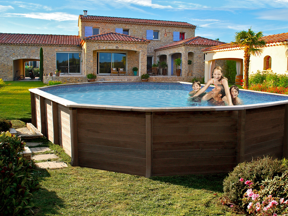 Piscine béton aspect bois en kit décagonale allongée Naturalis 2 - 6.36 x 4.74 x 1.30 m
