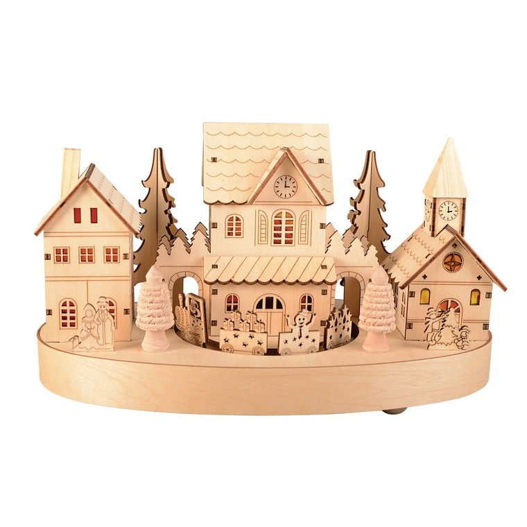 Village miniature en bois et train led blanc chaud
