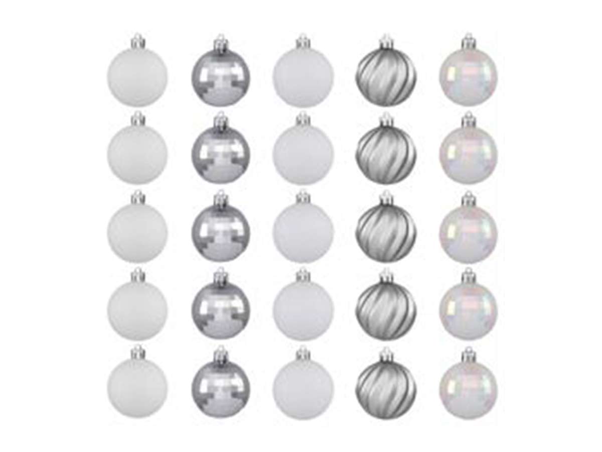 Assortiment 30 boules de Noël 60 mm Argent et Blanc