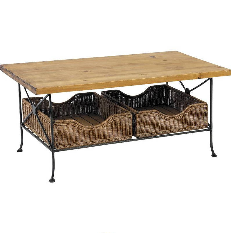 Table basse en Métal et Pin avec 2 tiroirs en Rotin 100x60x46cm