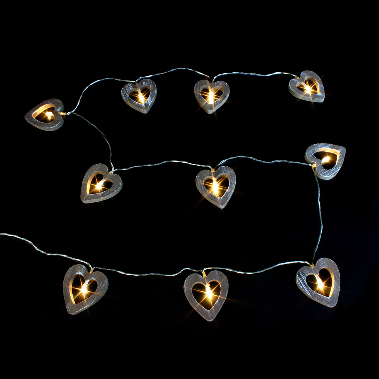 Guirlande 10 coeurs en bois patiné et LED blanc chaud à pile 1,35m