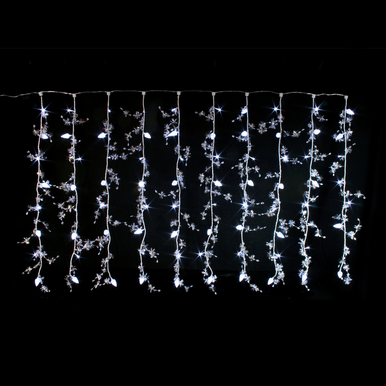 Rideau givré perles et scintillants argent 10 descentes 80 LED blanc