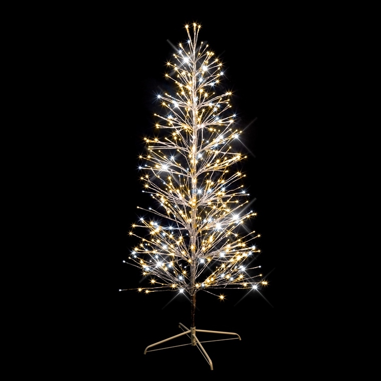 Sapin spray branches métal argent H 150cm LED blanc chaud & LED flash