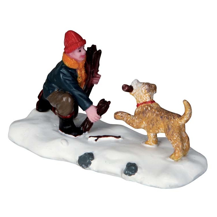 Figurine Enfant et chien ramassant du bois 8 x 3.5 x 4.6 cm