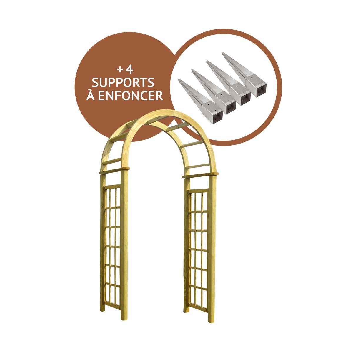 Arche bois en arc Glycine + 4 supports poteaux à enfoncer