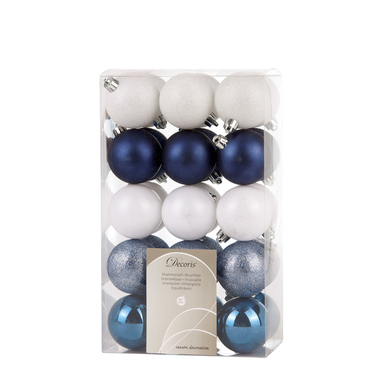 Boite de 30 Boules en plastique couleur bleue et blanche - Ø 6 cm