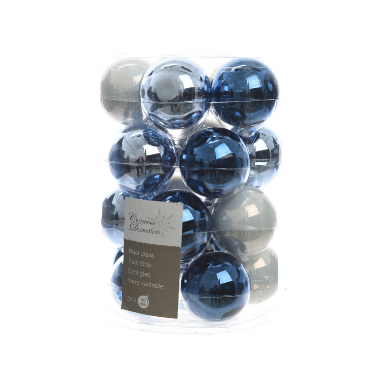 Boite de 20 Boules en verre couleur bleue et blanche - Ø 6 cm