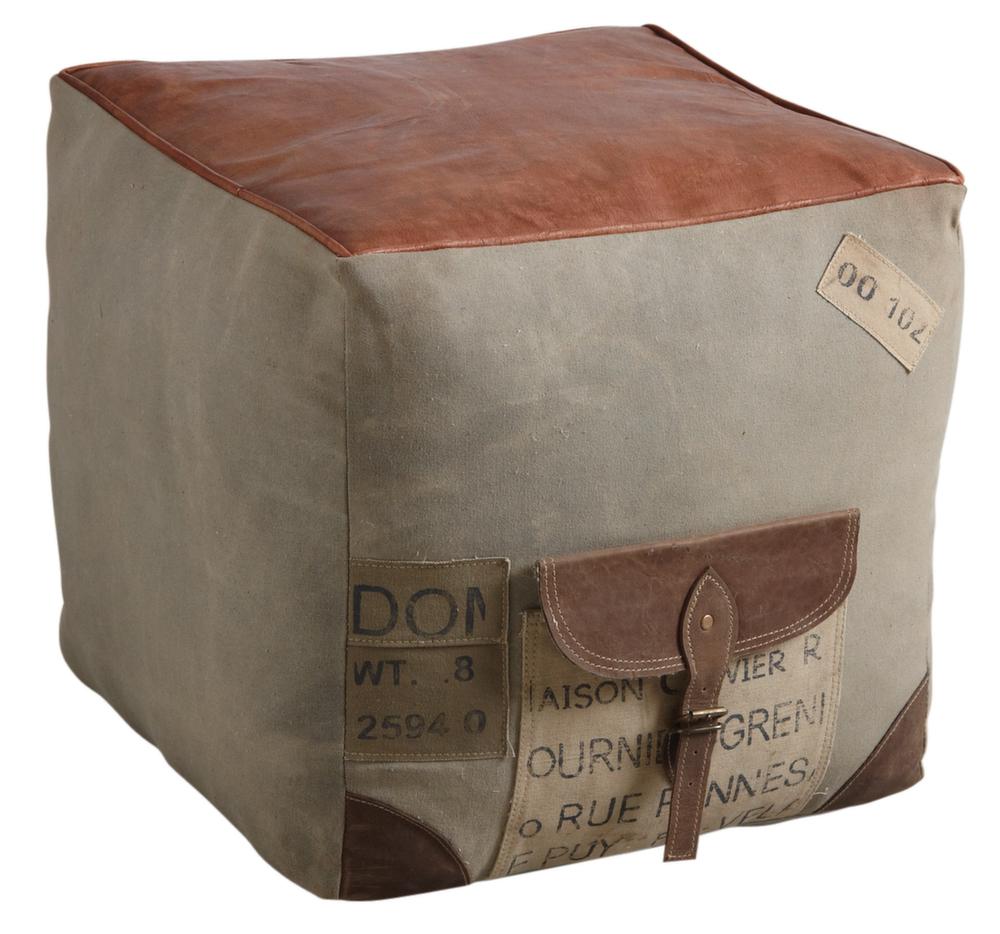 Pouf carré en coton et cuir
