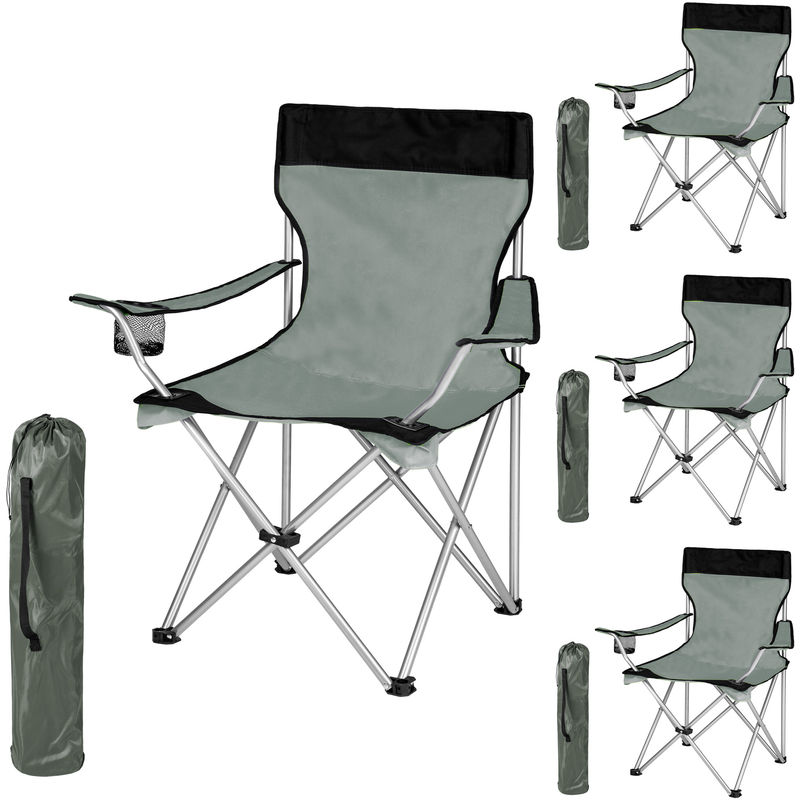 4 Chaises de Camping Pliables avec Porte Boisson et Housse Sac de transport Gris Noir - TECTAKE
