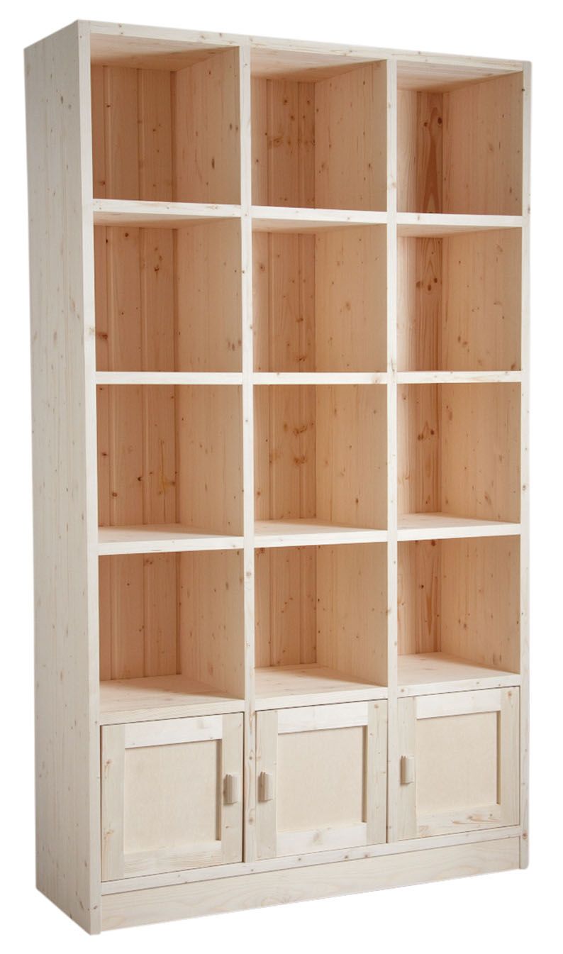 Bibliothèque 12 cases 3 portes en épicéa brut