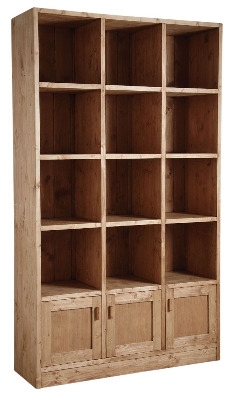 Bibliothèque 12 cases 3 portes en épicéa ciré miel