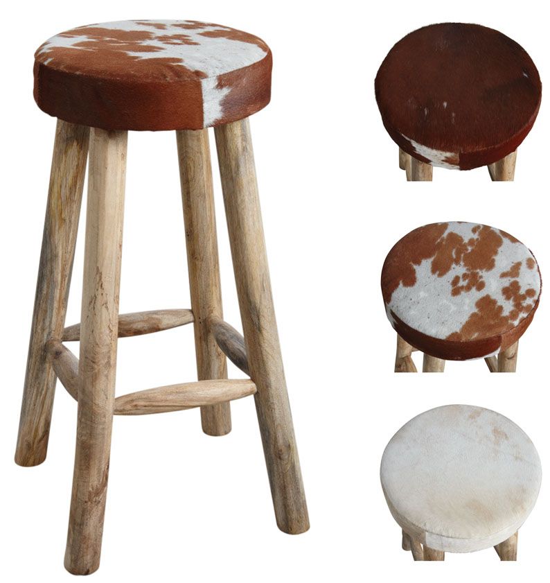 Tabouret de bar en peau de vache et bois