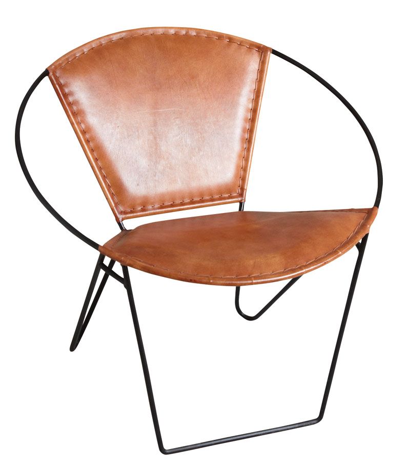 Fauteuil rond en cuir marron et métal