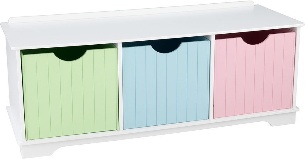 Banc de rangement en bois avec tiroirs pastel