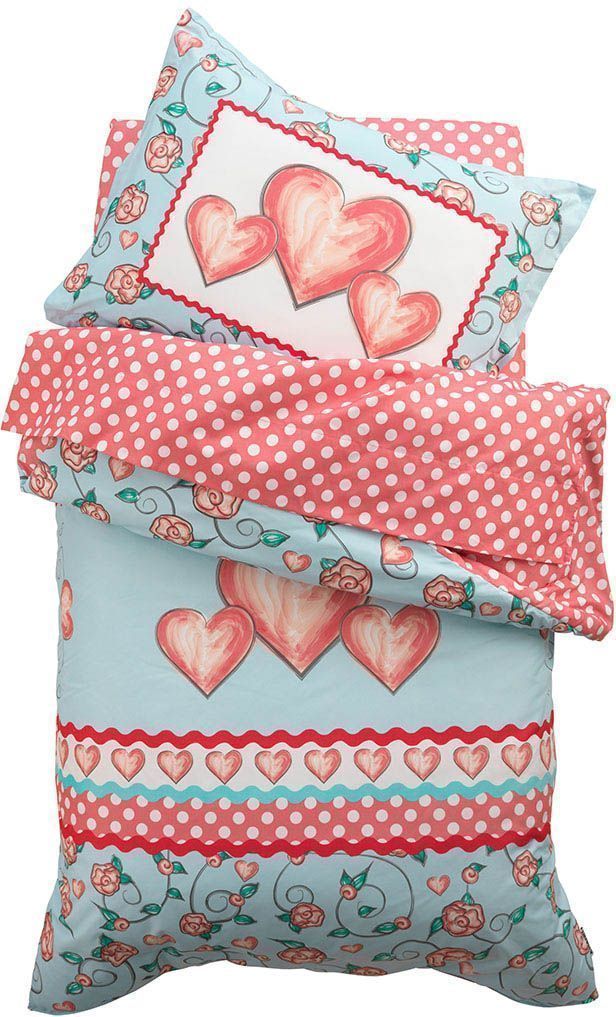 Couette + taie + drap + drap housse Coeurs