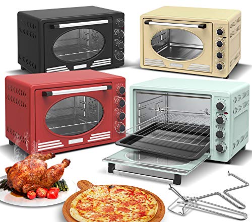 Turbotronic Mini four rétro avec chaleur tournante 45 l Noir Rouge Bleu Beige 2000 W Mini four Four à pizza Barbecue (Bleu)