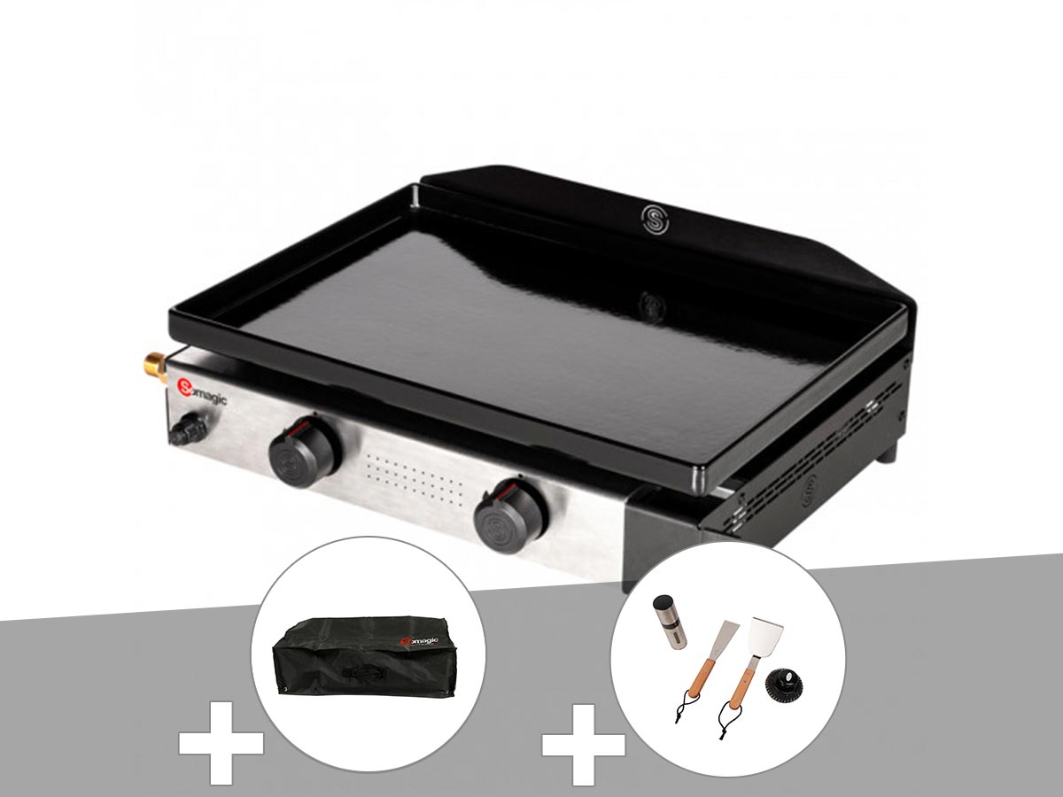Plancha gaz à poser 2 brûleurs Solia 200 - Somagic + Housse de protection + Malette d'ustensiles pour plancha