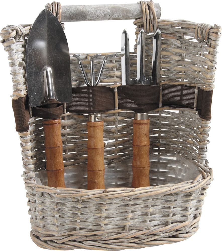 Panier 3 outils de jardinage en osier gris