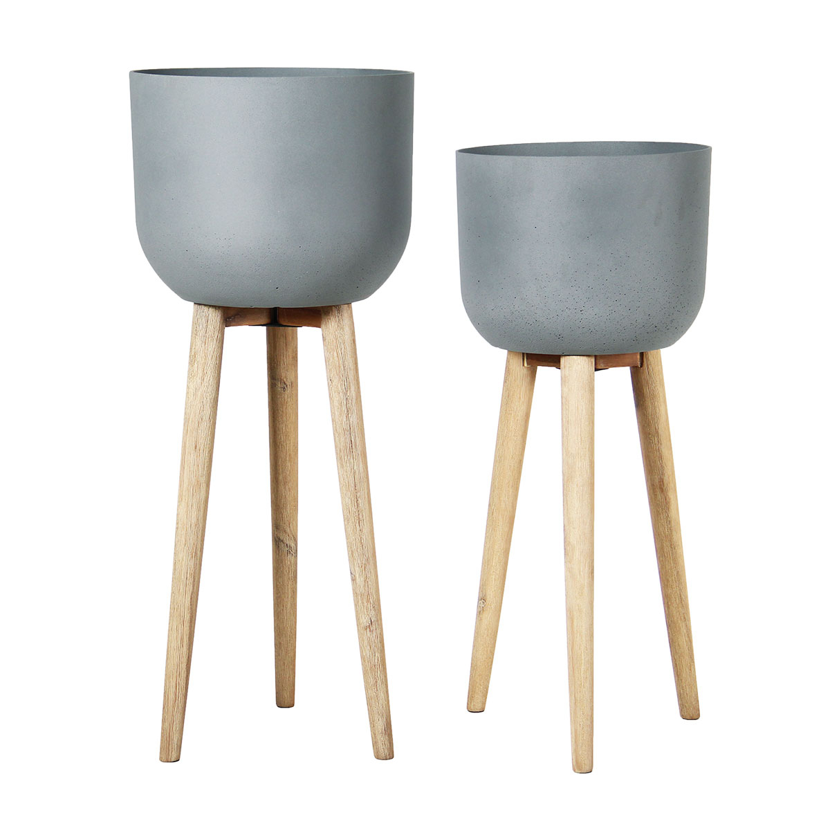 2 cache pots sur pied gris en grès et bois SANDSTONE