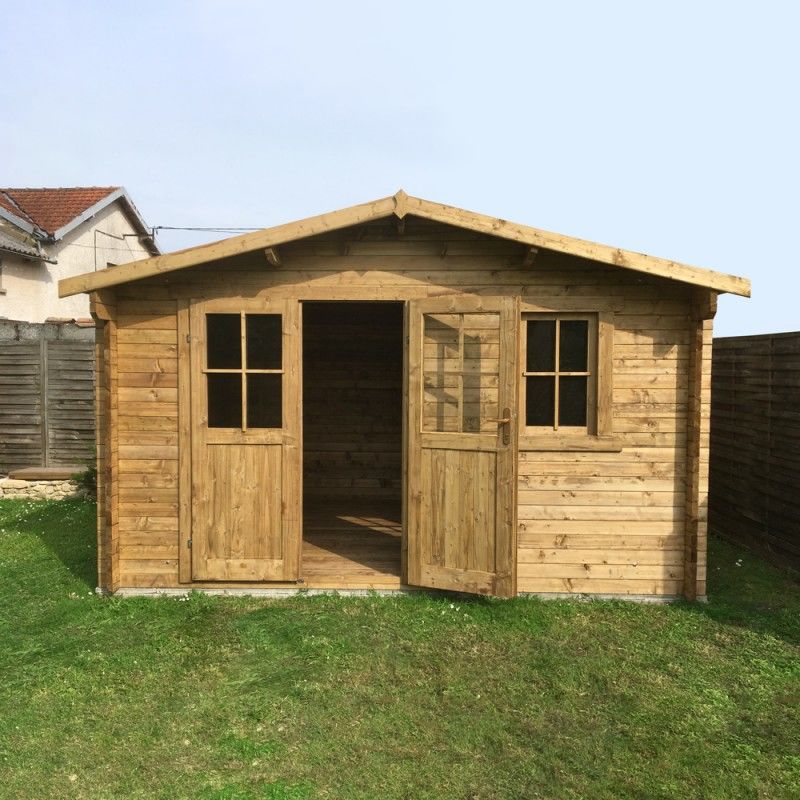 Abri en bois massif 12m² PLUS 28mm traité teinté marron Gardy Shelter Abri en bois massif 12m² PLUS 28mm traité teinté marron Gardy Shelter