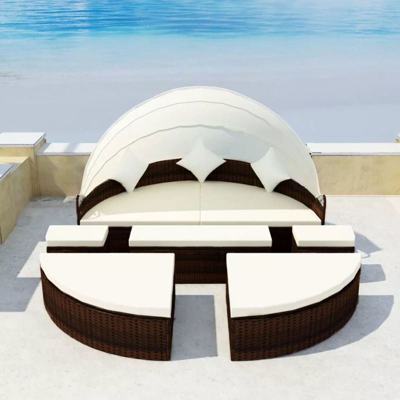 vidaXL Chaise longue 15 pcs avec auvent 2 en 1 Marron Résine tressée