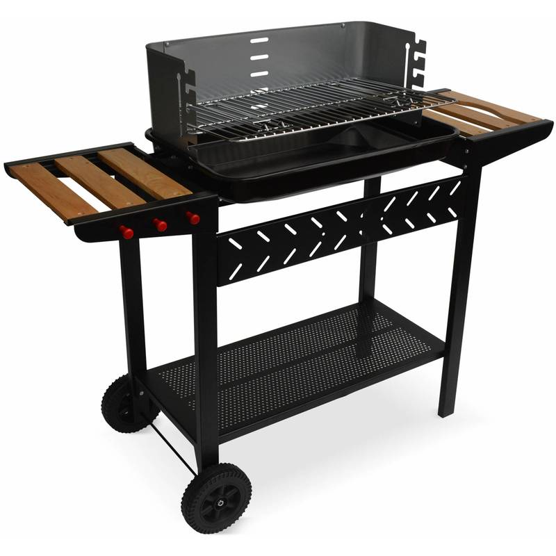 Barbecue charbon Alfred noir et gris, cuve émaillée, tablettes latérales bois, hauteur de grille ajustable - ALICE'S GARDEN