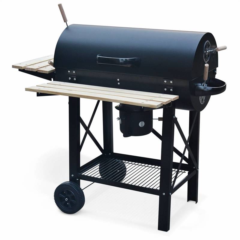 Barbecue charbon de bois Serge noir, fumoir, Smoker américain, récupérateur de cendre, tablettes, roulettes - ALICE'S GARDEN