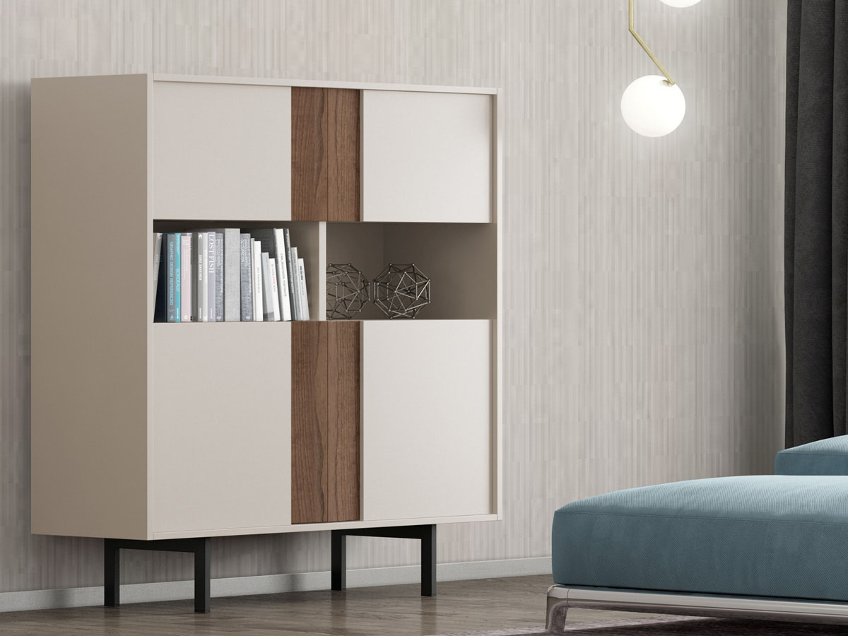 Cabinet Moritz - 100 x 42 x 129 cm - Coloris sable/noyer - Pieds métal