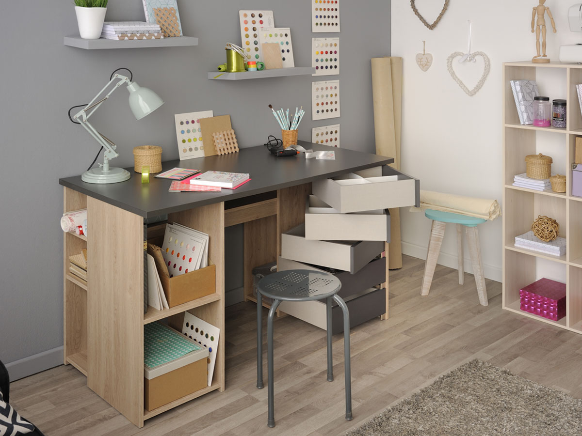 Bureau Clever - 128 x 76 x 60 cm - Coloris chêne/gris