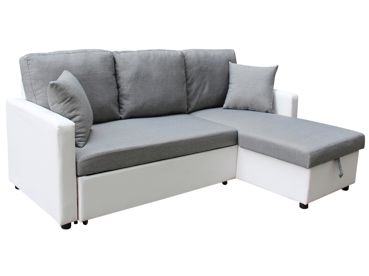 Canapé d'angle convertible tissu Allen - 4 places - Blanc et gris