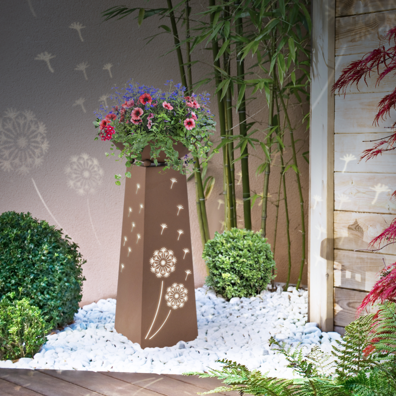 Colonne décorative éclairage LED intégré motifs fleurs jardinière pour plantes