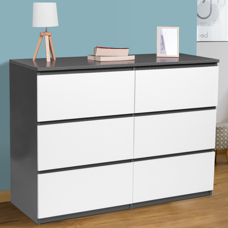 Commode 6 tiroirs bois blanc et gris Tomi