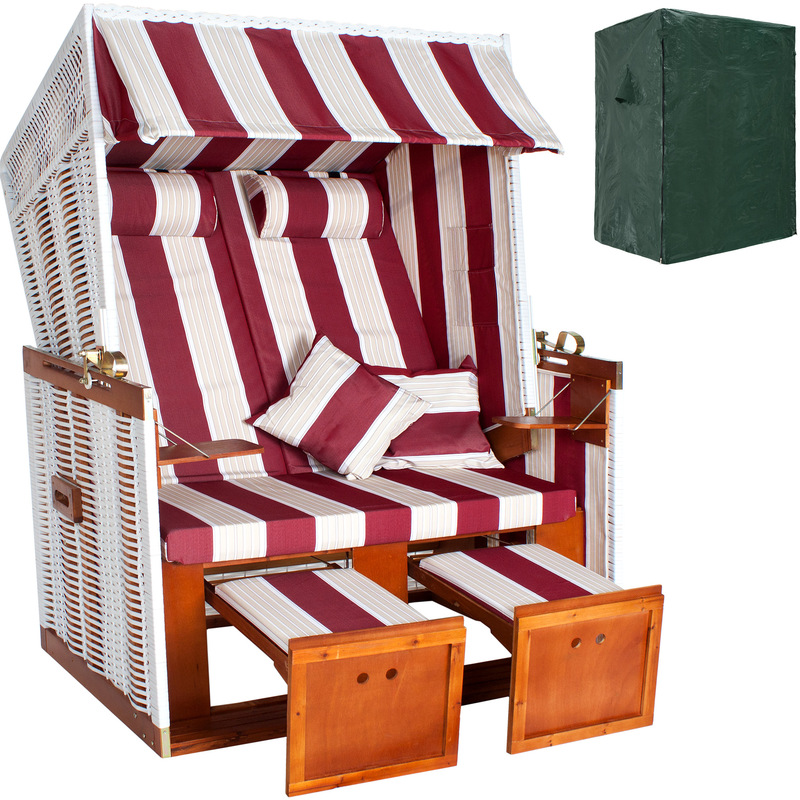 Corbeille de plage 2 places avec auvent, Chaise longue, Transat, Bain de soleil, Abri de plage Multi positions Blanc / Rouge - TECTAKE Corbeille de plage 2 places avec auvent, Chaise longue, Transat, Bain de soleil, Abri de plage Multi positions Blanc / Rouge - TECTAKE