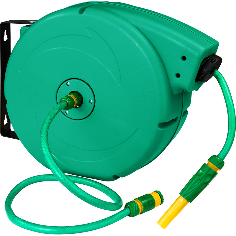 Dévidoir, Enrouleur de Tuyau de Jardin, Support de Tuyau dArrosage Automatique Mural 20 m Vert - TECTAKE