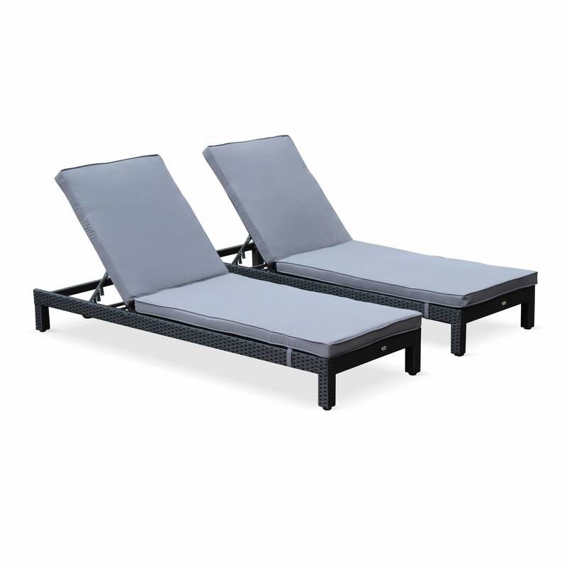 Ensemble de 2 Bains de soleil en résine tressée lounge Pisa transat Noir avec coussin gris - ALICE'S GARDEN