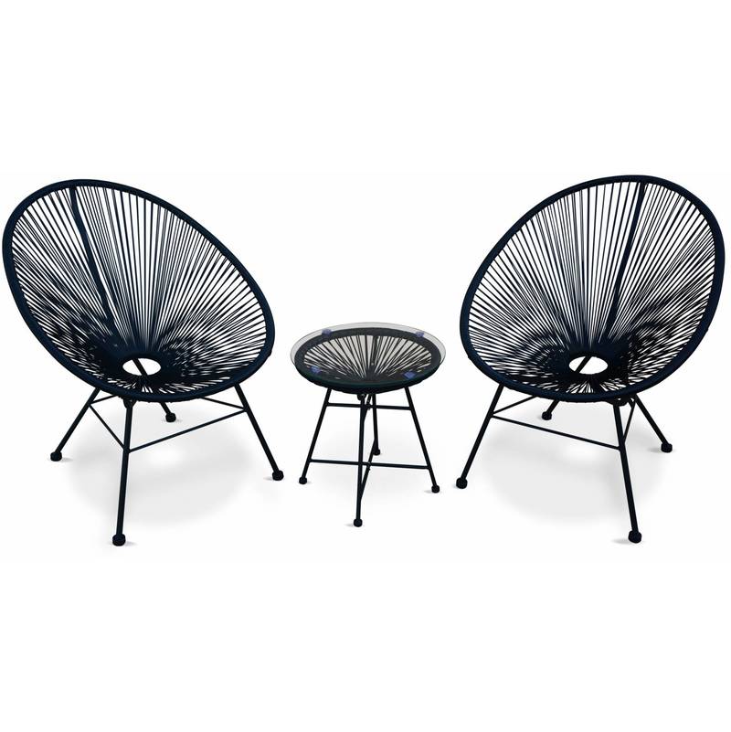 Ensemble de 2 fauteuils Acapulco chaise oeuf design rétro, avec table d'appoint, cordage Noir - ALICE'S GARDEN