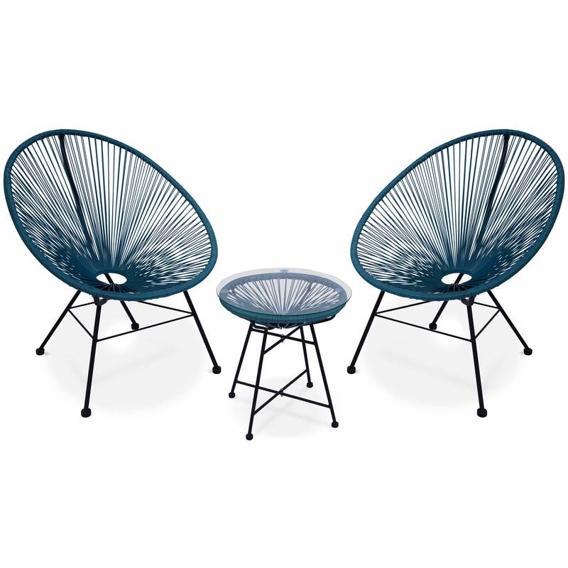 Ensemble de 2 fauteuils Acapulco chaise oeuf design rétro, avec table d'appoint, cordage bleu canard - ALICE'S GARDEN