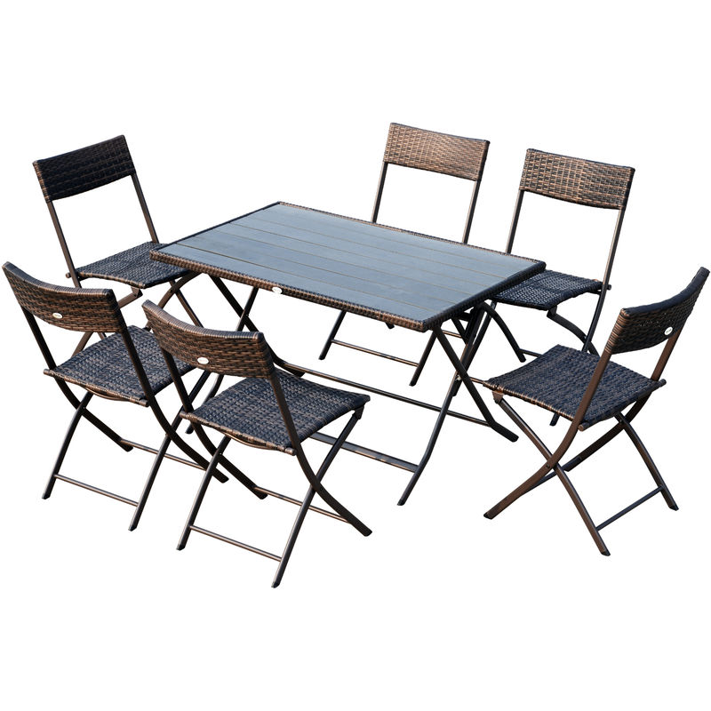 Ensemble salon de jardin 6 personnes grande table rectangulaire pliable + 6 chaises pliantes métal résine tressée PC chocolat 32 - OUTSUNNY Ensemble salon de jardin 6 personnes grande table rectangulaire pliable + 6 chaises pliantes métal résine tressée PC chocolat 32 - OUTSUNNY
