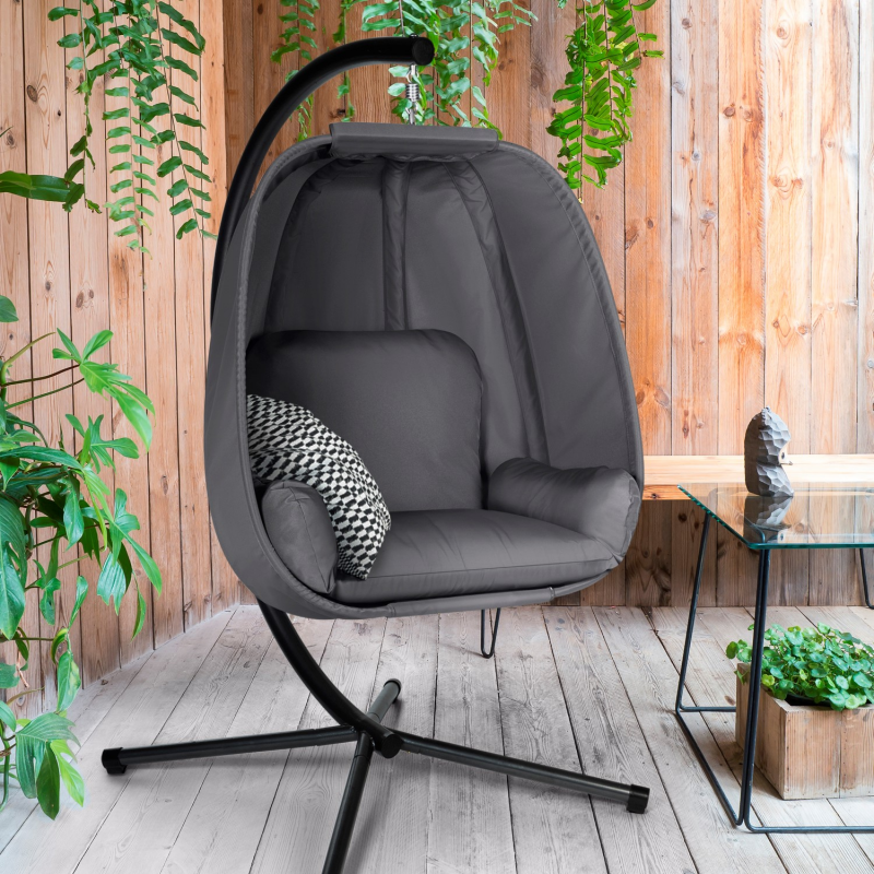 Fauteuil de jardin suspendu gris anthracite avec coussins rembourrés et pieds croisillon