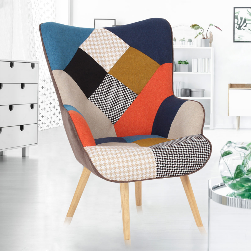 Fauteuil scandinave IVAR en tissu patchwork multicouleurs et imprimé pied de poule