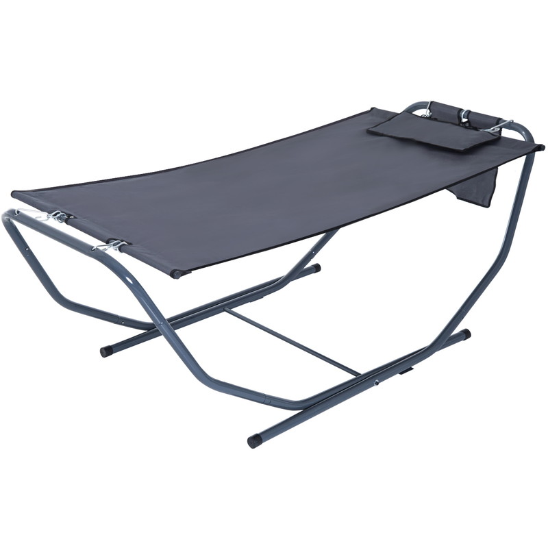 Hamac de jardin avec support sur pied 2,27 x 0,94 x 0,69 m grand confort têtière pochette rangement métal époxy textilène doublé gris 73 - OUTSUNNY
