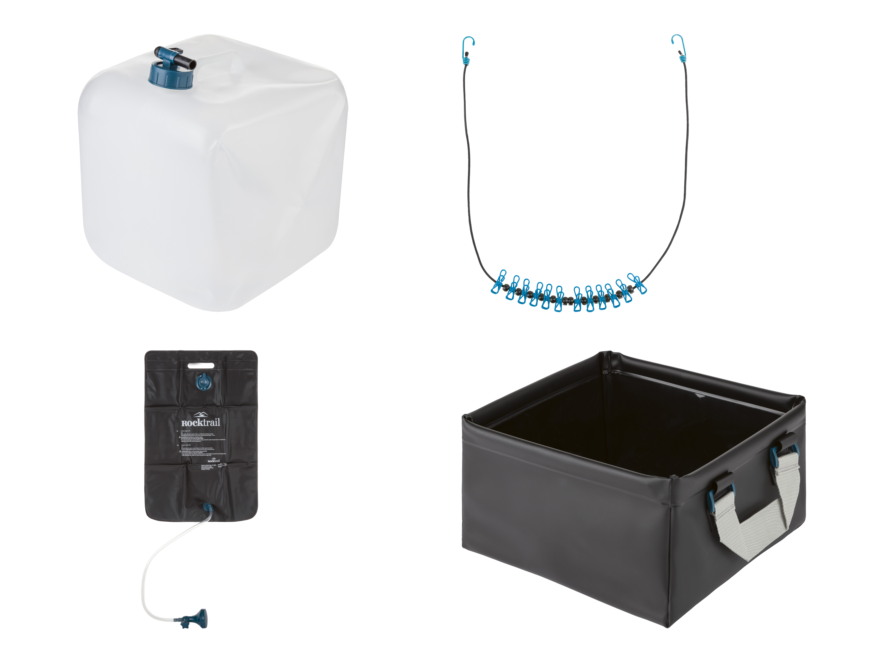 Rocktrail Douche de camping 25 L / Jerrican 20 L pliable / Cuvette pliable / Corde à linge