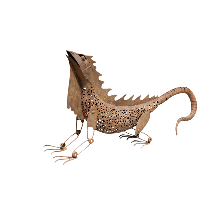 Statue de jardin iguane décoratif en métal H 80 cm
