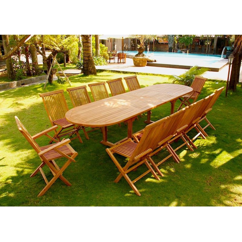 Kajang: Salon de jardin Teck brut 12/14 pers - Table ovale 90 cm + 10 chaises + 2 fauteuils - CONCEPT-USINE