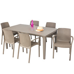 Salon de jardin: table FUTURA cappuccino et 6 fauteuils BALI taupe