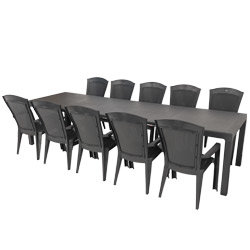 Salon de jardin: table SONATA 1m62 2m15 2m69 3m20 graphite et 10 fauteuils MINESOTTA graphite
